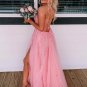 A-line Pink Lace Appliques Tulle Prom Dresses Side Split Sweep Train Party Gowns