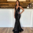 Black Sequined Mermaid Prom Dresses Lace Up Sexy Backless Evening Party Gowns