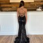Black Sequined Mermaid Prom Dresses Lace Up Sexy Backless Evening Party Gowns
