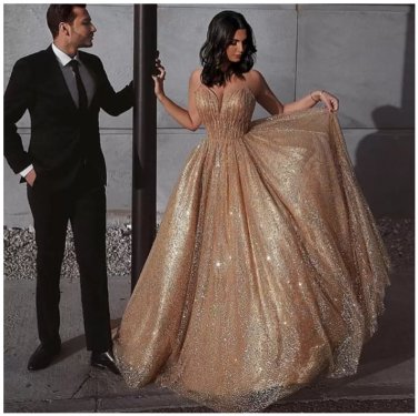Gold Prom Dresses Luxury Sequined With Spaghetti Straps Middle East Evening Gowns