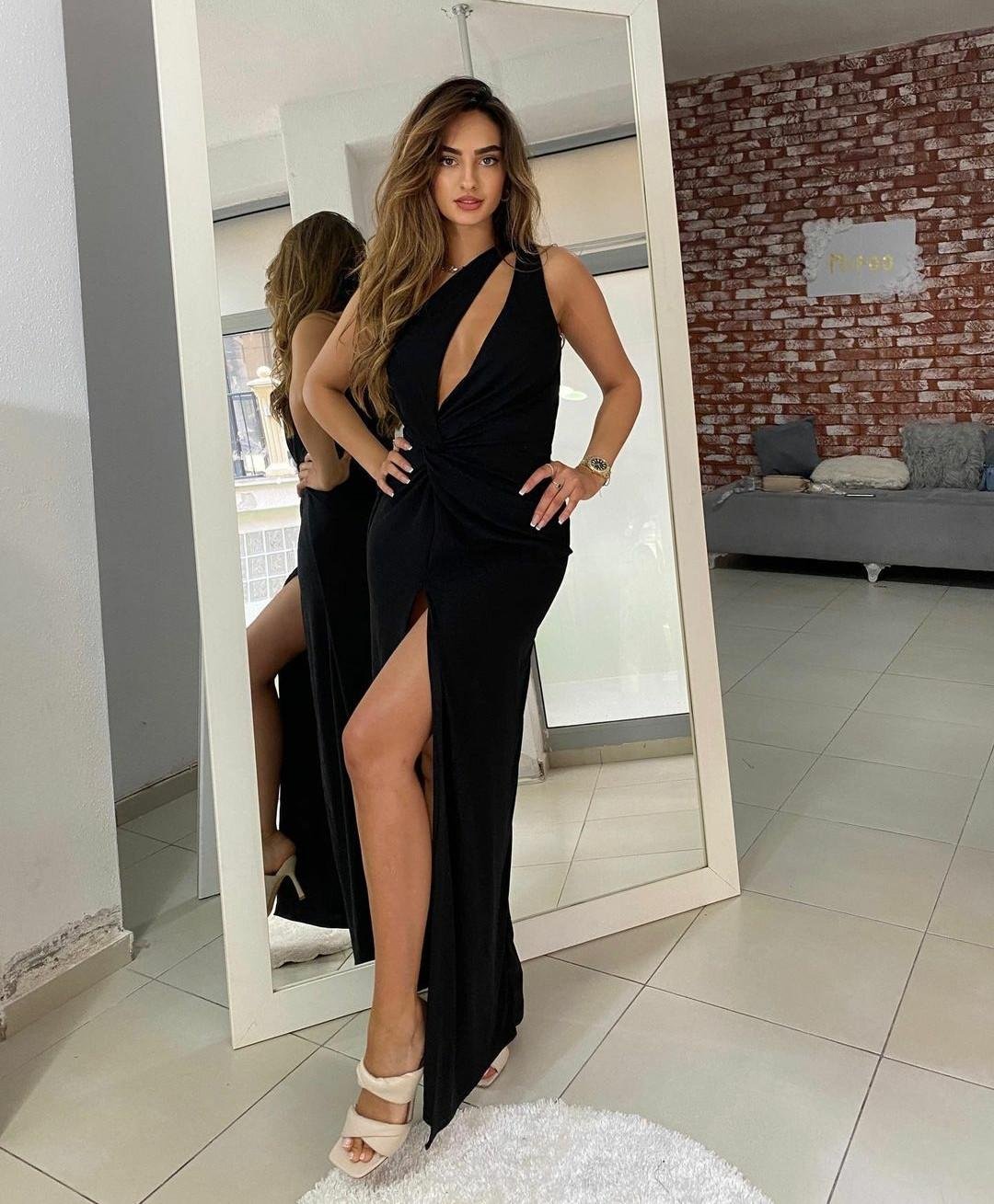 Modern One Shoulder Prom Dresses Black Sexy Keyhole Ruched Side Split Cocktail Party Gowns