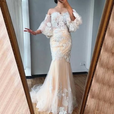 Off Shoulder Wedding Dress Floral Flower Lace Applique Pearls Piping Tulle Formal Dress