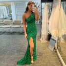 BeryLove Green Glitter Mermaid Prom Dresses One Shoulder Sequin Split Sexy Prom Dress