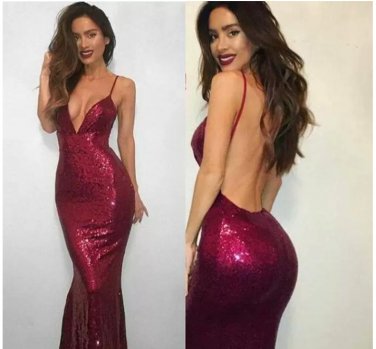 Burgundy Mermaid Sequined Prom Dresses Deep V-neck Straps Sexy Backless Formal Party Gowns