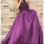 A-line Jewel Neck Beaded Long Prom Dresses Dark Purple Satin Sweep Train Evening Gowns