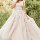 A-line V Neck Champagne Lace Wedding Dresses Beaded Sash Sweep Train Long Formal Bridal Gowns