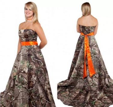 Modest Camo Wedding Dress with Orange Sash Strapless Corset Back Camouflage Bridal Gowns