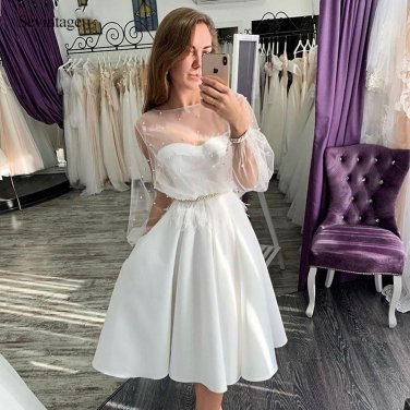 Cheap Satin Short Wedding Dress Boho 2 Pieces Knee Length Pearls Bridal Gowns
