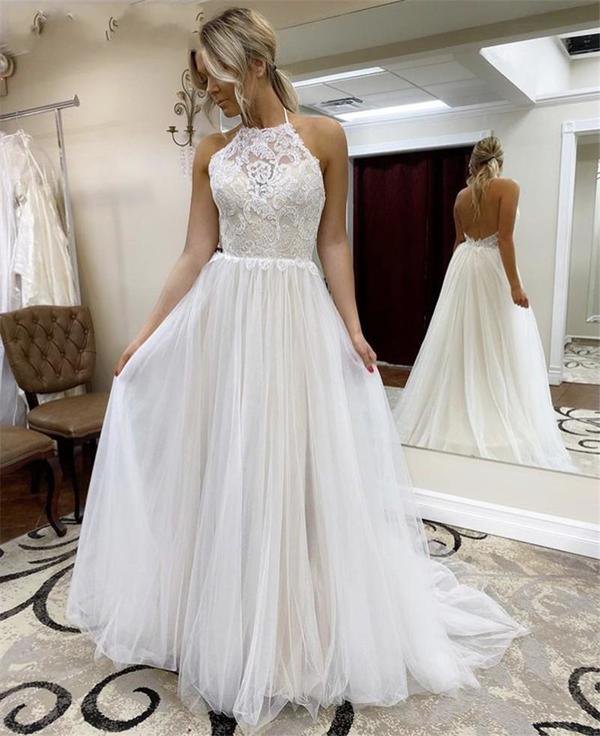Modest Lace Wedding Dresses Halter Illusion Backless A-Line Sweep Train Beach Boho Bridal Gowns