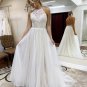 Modest Lace Wedding Dresses Halter Illusion Backless A-Line Sweep Train Beach Boho Bridal Gowns
