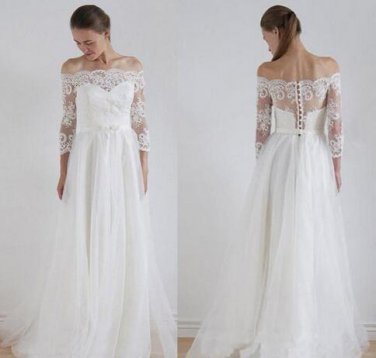 Off Shoulder Wedding Dresses 3/4 Sleeves Covered Button Sweep Train Tulle Lace Bridal Gowns