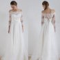 Off Shoulder Wedding Dresses 3/4 Sleeves Covered Button Sweep Train Tulle Lace Bridal Gowns