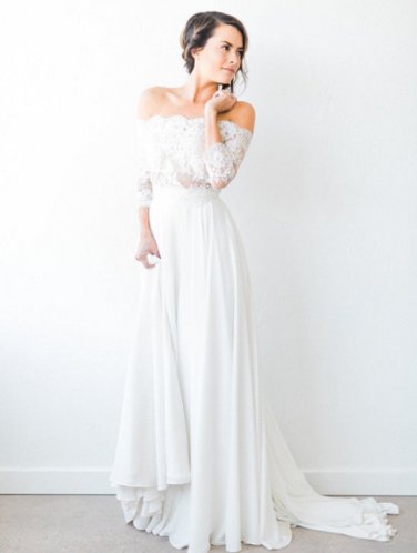 Two Pieces Beach Bohemian Wedding Dresses Off the Shoulder Sheer Long Sleeve Lace Bridal Gowns