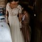 Vintage A Line Chiffon Garden Wedding Dresses Crew Neck Sheer Long Sleeve Lace Bodice Bridal Gowns