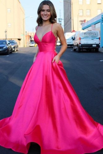A-line Spaghetti V Neck Empire Prom Dresses Sweep Train Party Gowns