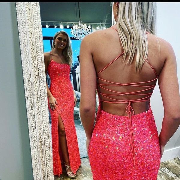 Coral Long Prom Dresses Sequins Mermaid Evening Dress