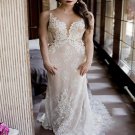 Modest Sheer Neck Applique Lace Wedding Dresses Pearls Beaded Mermaid Bride Dress