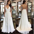 Chiffon A Line Bridal Gowns V Neck Sexy Backless Wedding Dresses