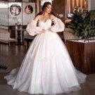 Elegant V Neck Ball Gown Wedding Dress Appliques Tulle Long Lace Sleeves Wedding Gown