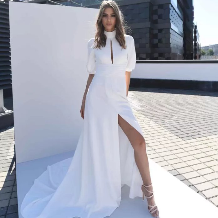 Sexy White Wedding Dresses Short Sleeve High Split Satin Sweep Train  Bridal Dress