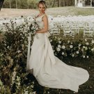 A Line Satin Minimalist V Neck Wedding Dress Ivory Chapel Train Simple Bridal Gowns
