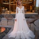 Bohemian Long Sleeve Wedding Dresses A-Line Sheer O-Neck Lace Appliques Tulle Bridal Gown