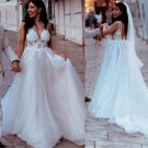 Boho Wedding Dresses with 3D Floral Applique Tulle V Neck Back Beach Wedding Gown