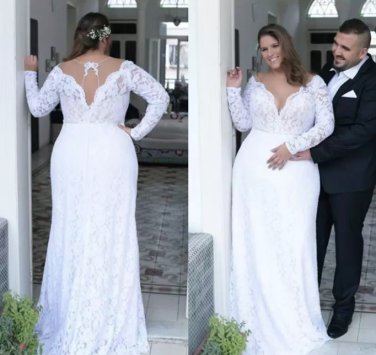Deep V Neck Sheath Vintage Long Sleeves Wedding Dresses Bridal Gowns