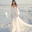 Elegant A-Line Boat Neck Wedding Dress Long Puff Sleeves Appliques Bridal Gown