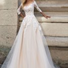 Elegant Boho Wedding Dress A-line O-neck Three Quarter Appliques ZipperTea-length Bridal Gown