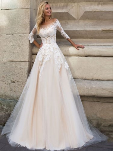Elegant Boho Wedding Dress A-line O-neck Three Quarter Appliques ZipperTea-length Bridal Gown