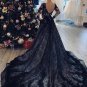 Gothic Black Long Sleeves Princess Lace Applique V-neck A Line Court Train Bridal Gowns