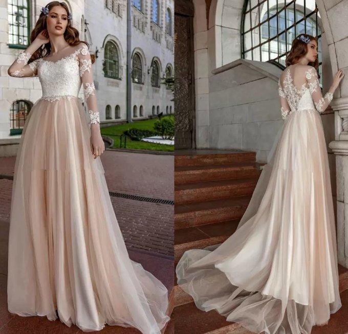 Champagne Sheer Scoop Neck Tulle Applique Sweep Train Bridal Gown