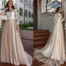 Champagne Sheer Scoop Neck Tulle Applique Sweep Train Bridal Gown