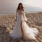 Off-Shoulder Open Back Wedding Dress A-Line Long Sleeves Country Boho Pleated Princess Bride Gown