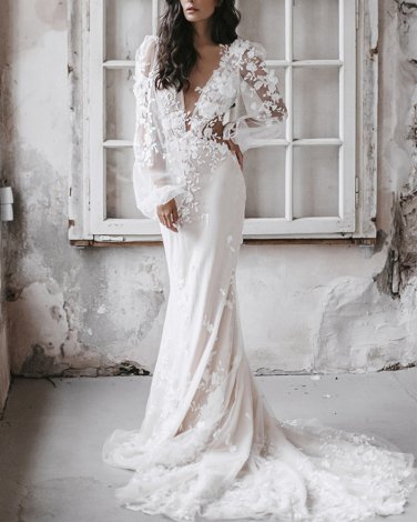 Romantic Beach Wedding Dress Bridal Lace Applique Long Sleeves Sheer Tulle Bride Dress