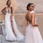 Boho Deep V Neck Backless High Split A Line Lace Appliques Ivory Tulle Bridal Gowns
