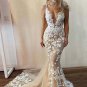 Sexy Champagne White Lace V-Neck Open-Back Long Tail Mermaid Wedding Dress