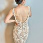 Sexy Champagne White Lace V-Neck Open-Back Long Tail Mermaid Wedding Dress