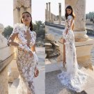 High Collar Side Slit Illusion Lace Appliques Long Sleeve Sweep Train Boho Bridal Gown