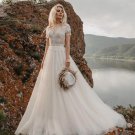 Bohemain Lace Wedding Dresses With Tassel Boat Neck Short Sleeve Backless