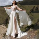 Bohemian Chiffon Wedding Dresses With Cape A-Line Side Slit O-Neck Lace Appliques