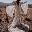 Bohemian V-Neck Open Back Lace Sweep Train Wedding Dress