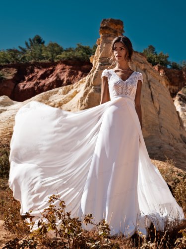 Bohemian Wedding Dresses Short Sleeve Custom Made Lace V-Neck Chiffon Arabic Wedding Gowns