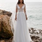 Boho Beach Wedding Dress A-Line V-Neck Long Sleeve Lace Appliques Tulle Backless Bohemian Bride Gown