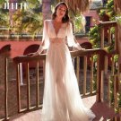 Boho Deep V-neck Tulle Wedding Dress Puffed Sleeves Lace Illusion Waist Backless Bridal Gowns