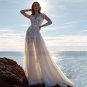 Boho Lace Appliques Tulle Wedding Dress For Women Long Sleeve V Neck A Line Button Wedding Gowns