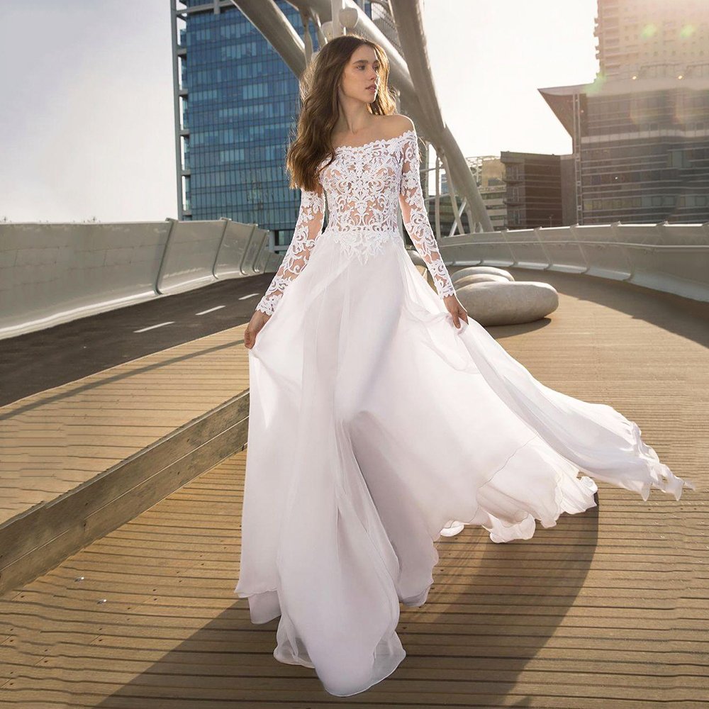 Boho Long Sleeves Chiffon Wedding Dress Lace Appliques Bridal Gowns