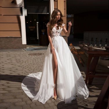 Boho O-Neck Lace Wedding Dress Chiffon Backless Beach Off The Shoulder Bride Dress