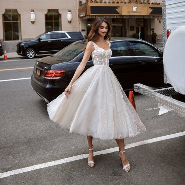 Boho Short Wedding Dress Tea Length Sweetheart Polka Dot Bridal Dress